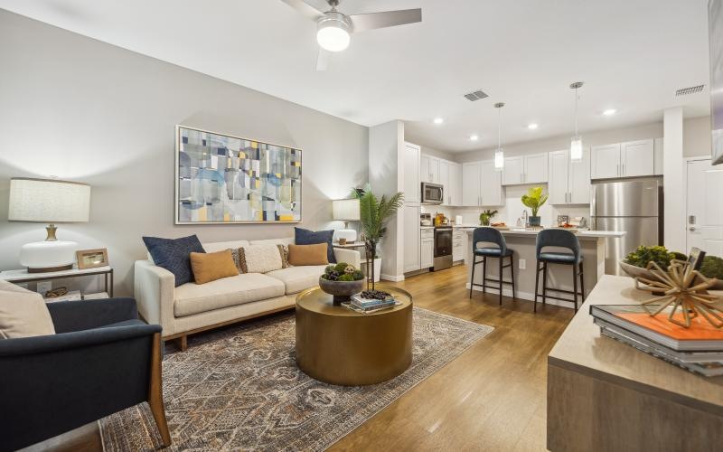 a living room with a couch and a table