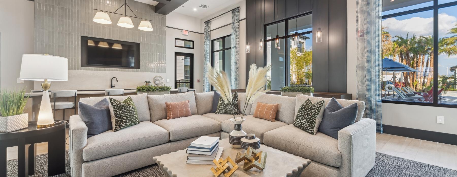 a club room with a large window